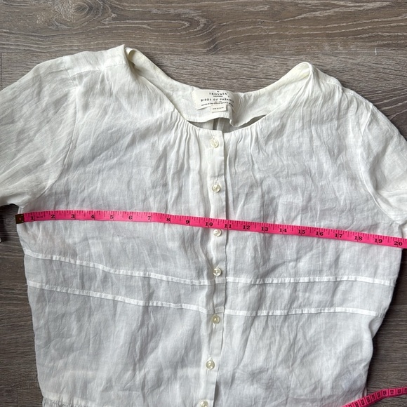 TROVATA BIRDS OF PARADISE Linen blend Button Front Ruffle Hem Blouse medium - Picture 10 of 11